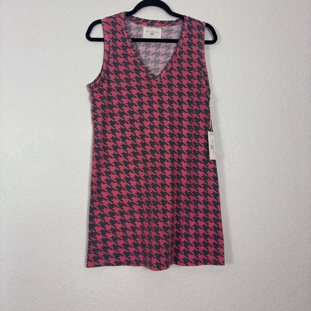 New Sol Angeles Pink & Black Houndstooth V Neck Sleeveless Shirt Dress Medium